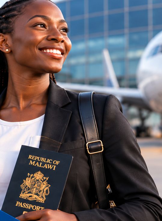 Young Malawian woman at an airport holding a Malawi passport