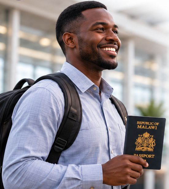 Malawian man with a backpack holding his passport