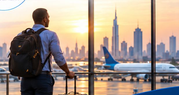 Traveller looking out of an airport window